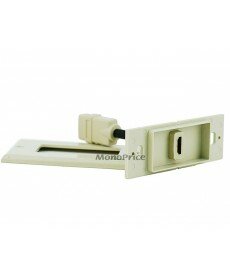 This is a beige HDMI® wall plate with support for the HDMI® Ethernet channel, which delivers Ethernet data interconnectivity through the 4 inch coupler cable on the rear of the plate. This con